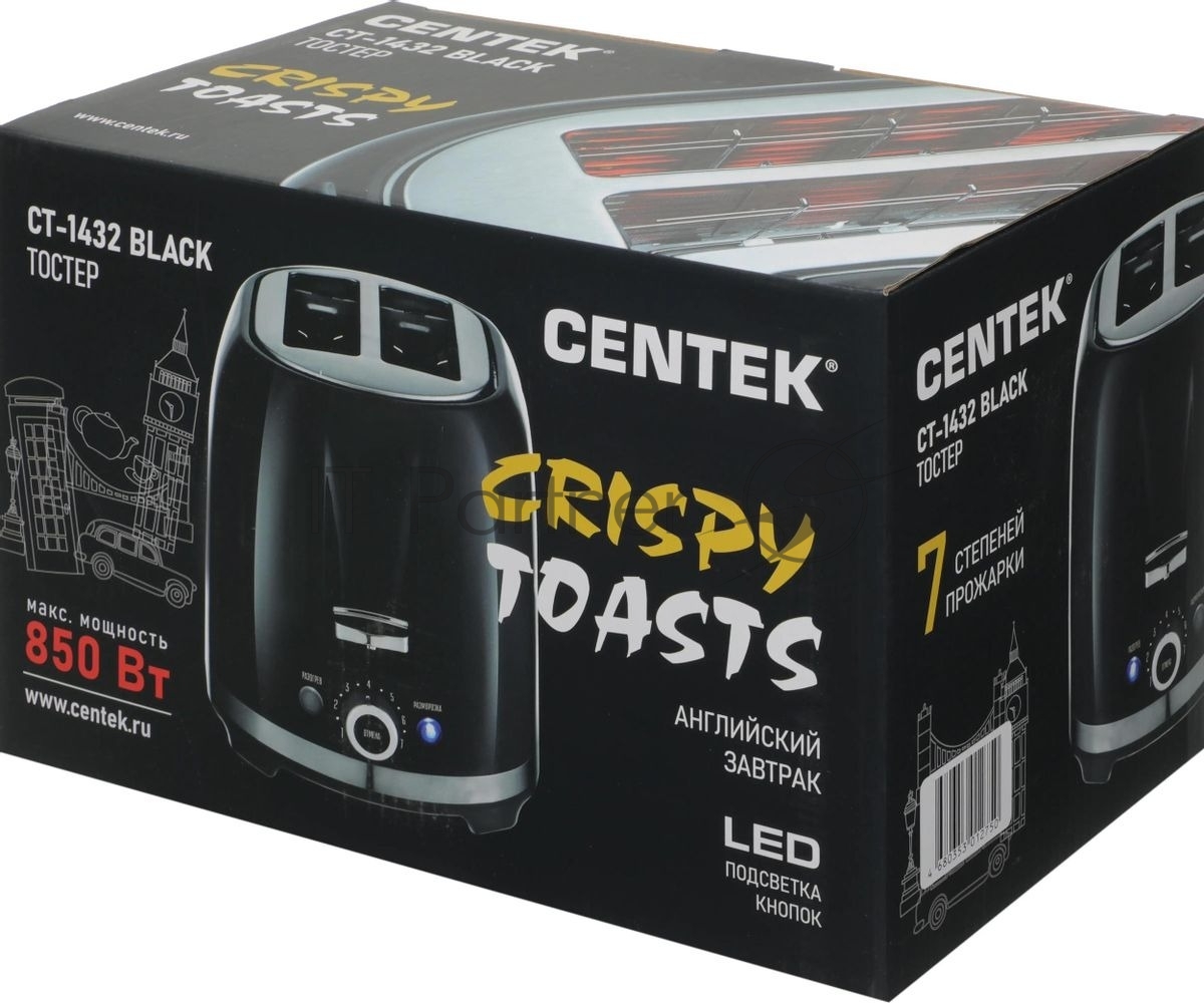 Тостер Centek СТ-1432 черный/стальной, 850 Вт, 2 слота
