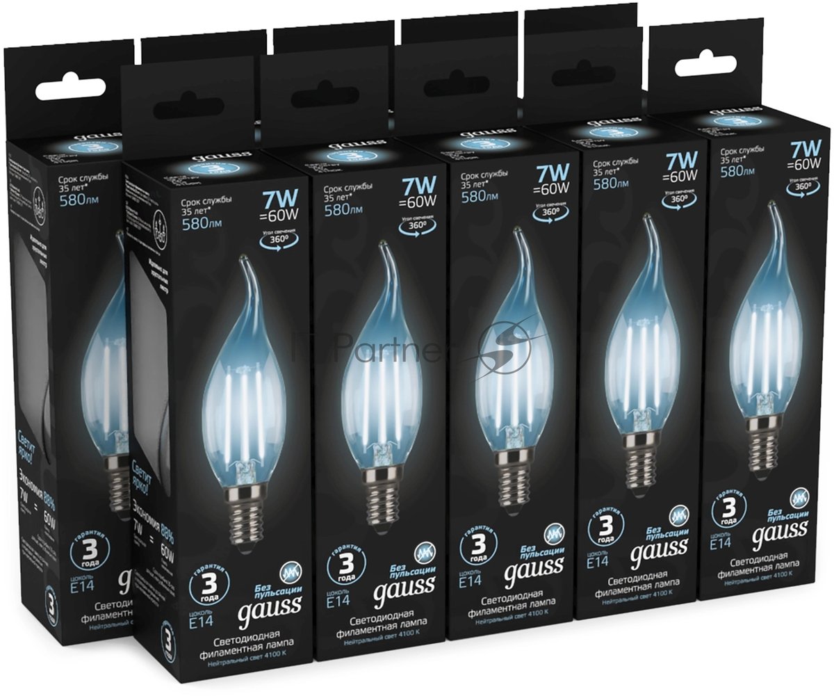 Лампа светодиодная Gauss LED Filament Свеча на ветру E14 7W 580lm 4100К 1/10/50