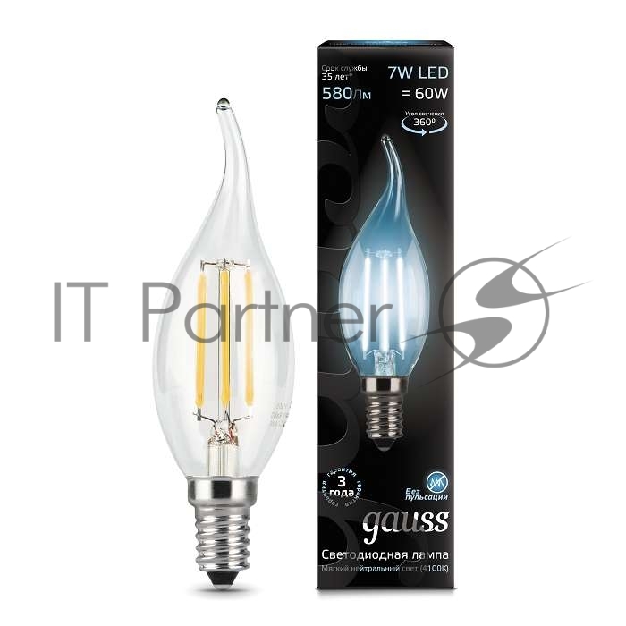 Лампа светодиодная Gauss LED Filament Свеча на ветру E14 7W 580lm 4100К 1/10/50