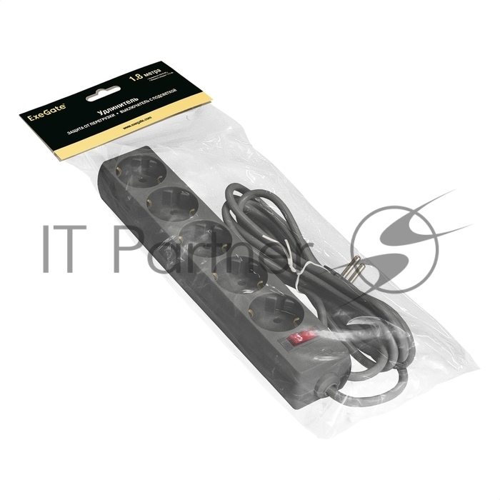 Удлинитель ExeGate EC-5-1.8B (EX279355RUS), черный, 1,8 м, евровилка с заземлением, 5 евророзеток с заземлением, 2200 Вт