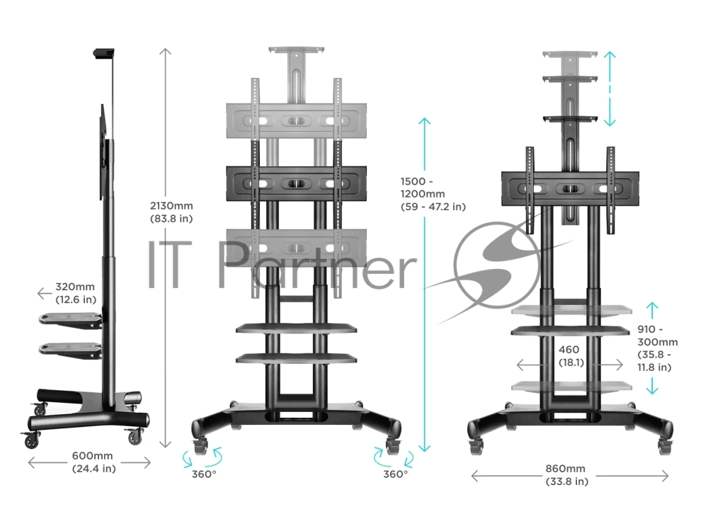 Стойка для телевизора с кронштейном ONKRON TS1552 40"-70", мобильная, черный