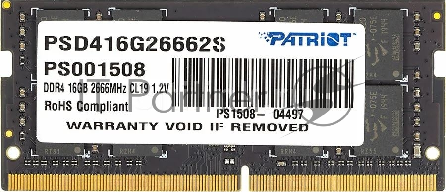 Оперативная память Patriot Signature, DDR4, 16GB (1x16 GB), 2666 MHz, CL19, SO-DIMM