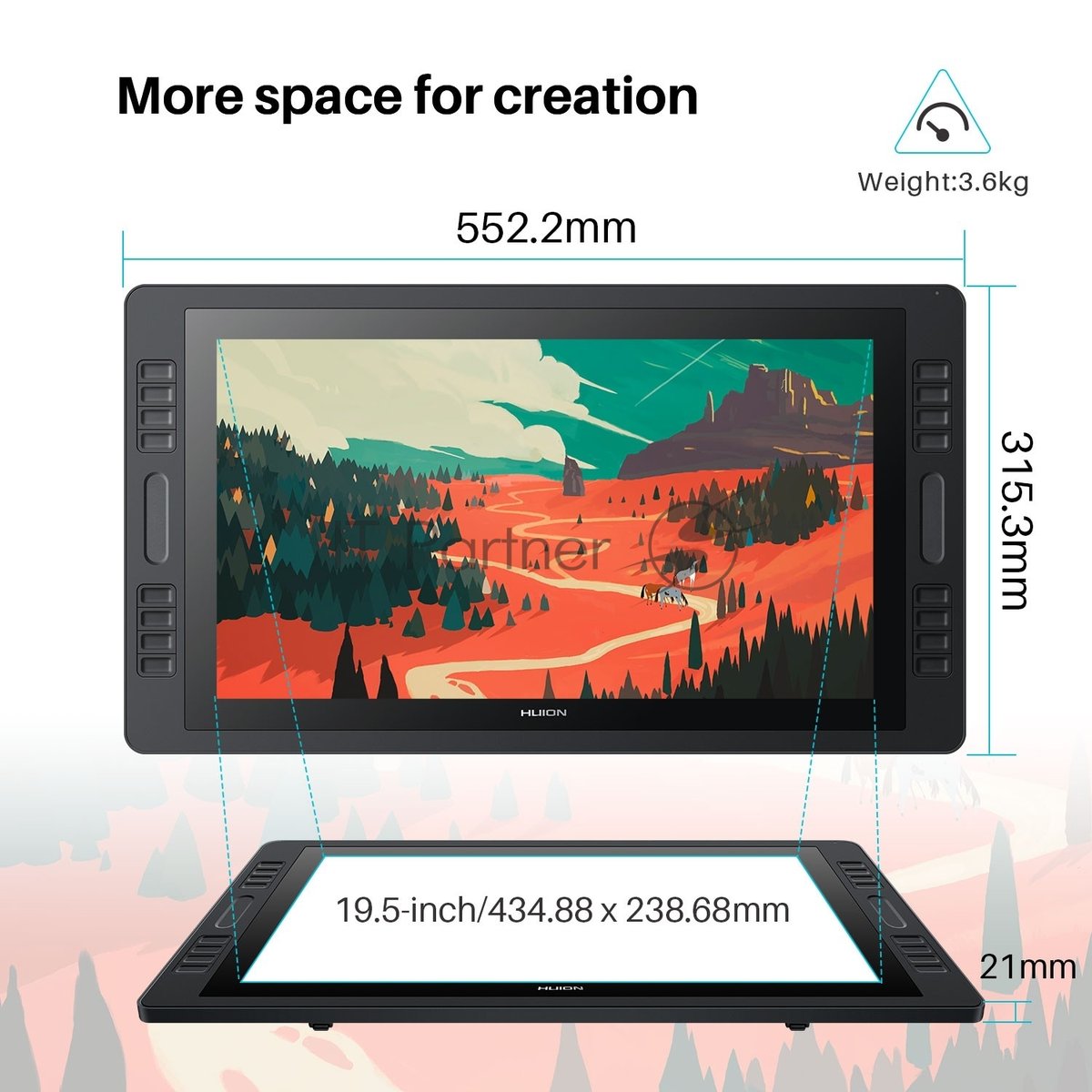 Графический монитор Huion Kamvas Pro 20 (2019), 19.5", 1920x1080, 8192 уровней, HDMI