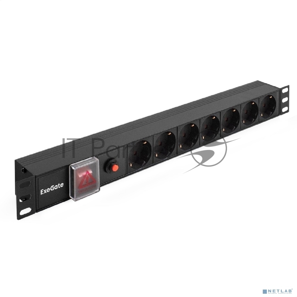 Блок розеток горизонтальный ExeGate ServerPro PDU-19H702 Al-7S-C14-SW-O, 19", 1U, Алюминий, 7 Schuko, С14, защита от перегрузки, черный