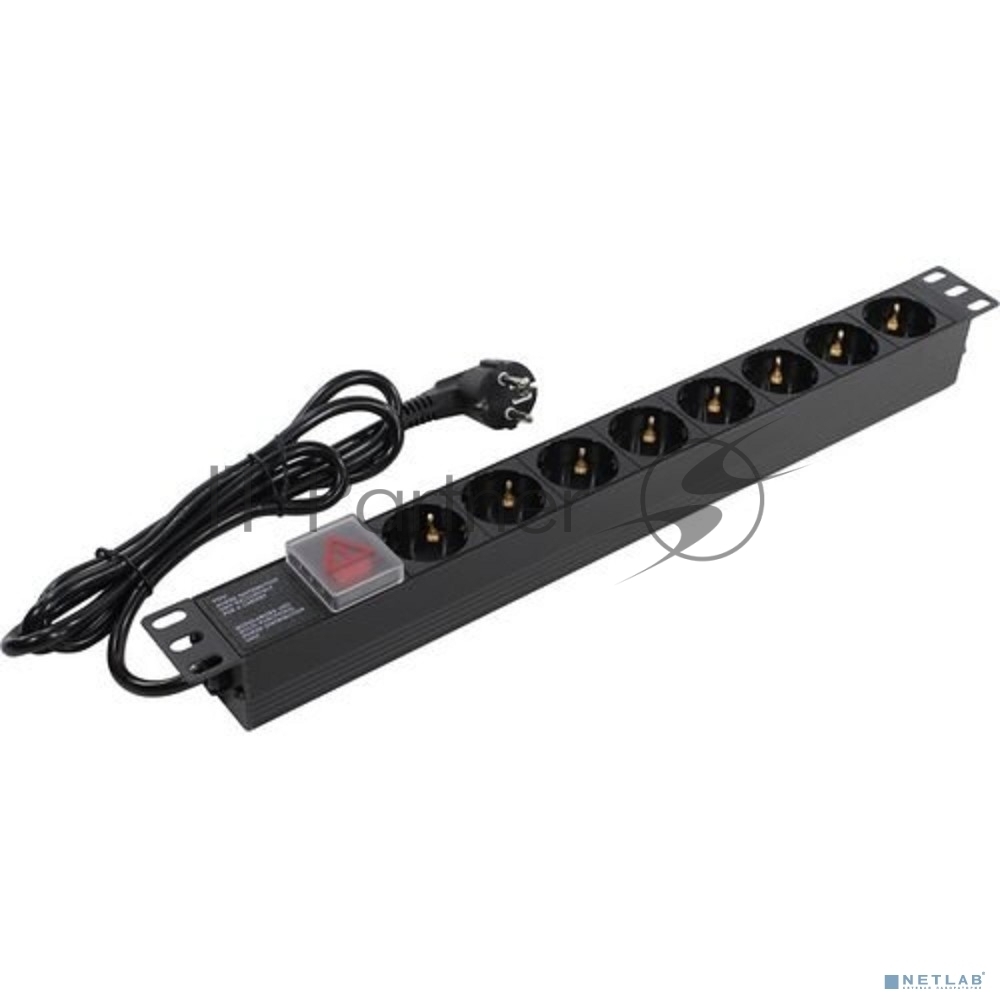 Блок розеток горизонтальный ExeGate ServerPro PDU-19H802 Al-8S-EU1.8-SW, 19", 1U, Алюминий, 8 Schuko, кабель с евровилкой VDE-250V-16A-3*1.5мм2, 1.8 метра, выкл. с подсветкой, черный
