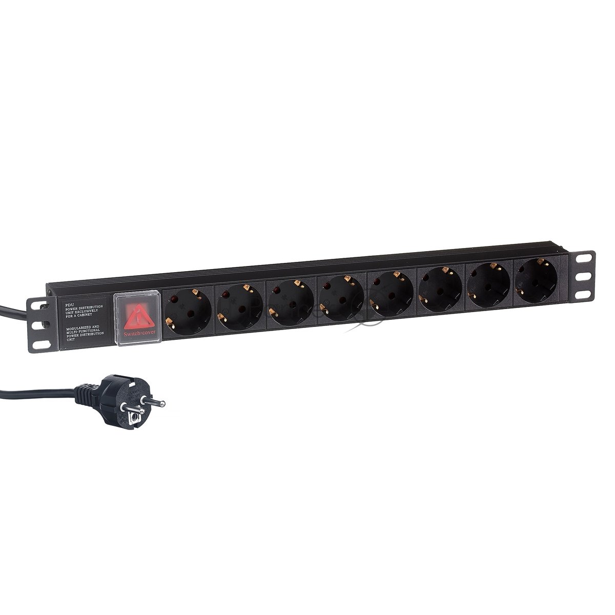 Блок розеток горизонтальный ExeGate ServerPro PDU-19H805 Al-8S-EU3-SW, 19", 1U, Алюминий, 8 Schuko, кабель с евровилкой VDE-250V-16A-3*1.5мм2, 3 метра, выкл. с подсветкой, черный
