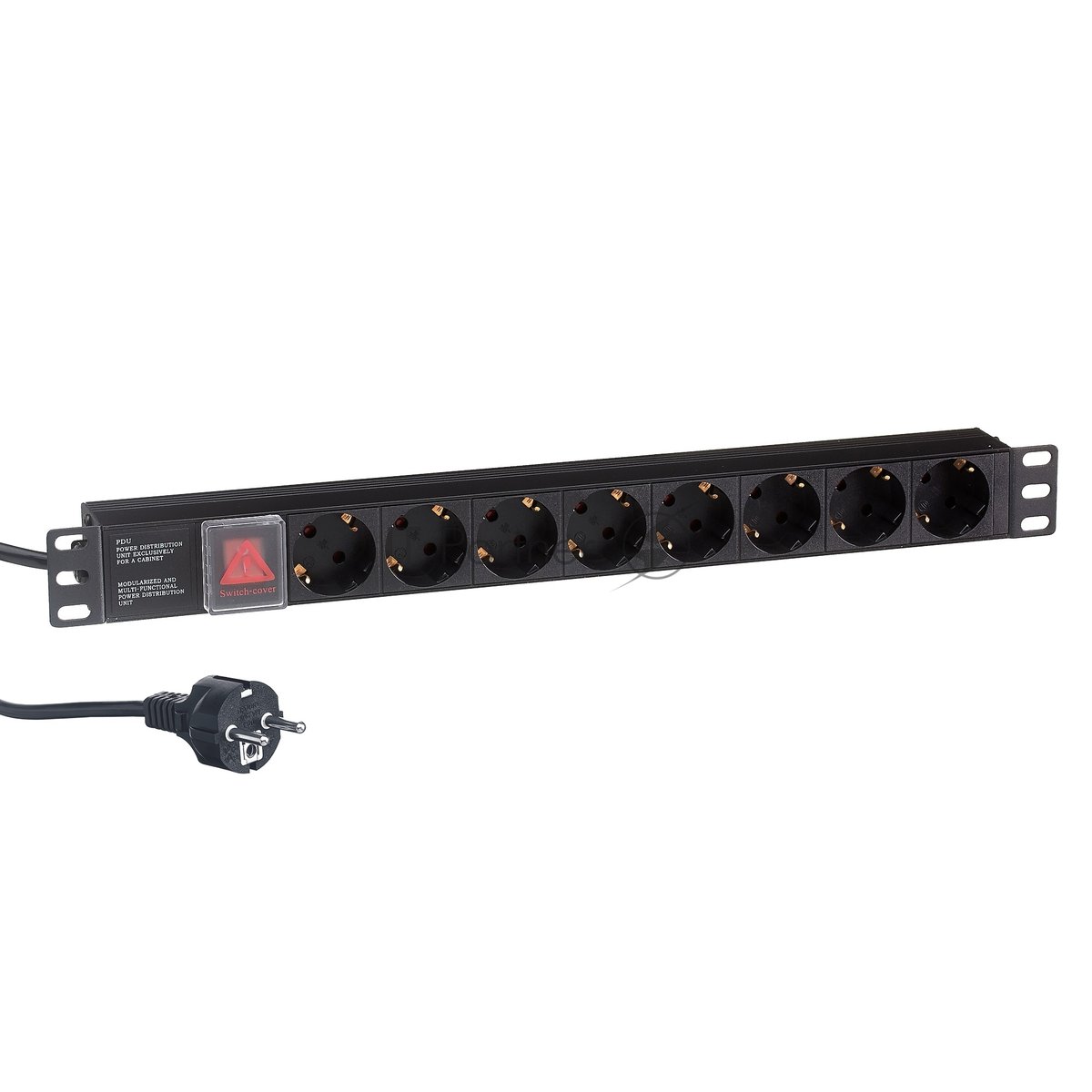 Блок розеток горизонтальный ExeGate ServerPro PDU-19H803 Al-8S-EU2-SW, 19", 1U, Алюминий, 8 Schuko, кабель с евровилкой VDE-250V-16A-3*1.5мм2, 2 метра, выкл. с подсветкой, черный