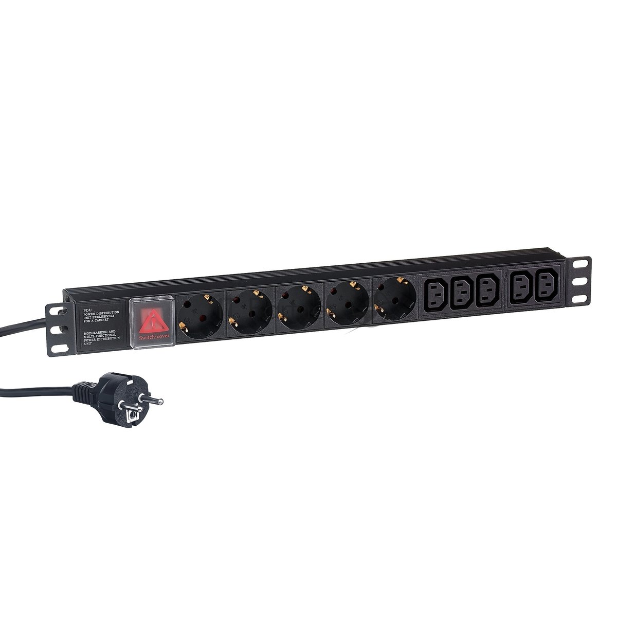 Блок розеток горизонтальный ExeGate ServerPro PDU-19H009 Al-5C135S-EU2.5-SW, 19", 1U, Алюминий, 5 IEC 320 C13, 5 Schuko, кабель с евровилкой VDE-250V-16A-3*1.5мм2, 2.5 метра, выкл. с подсветкой, черный