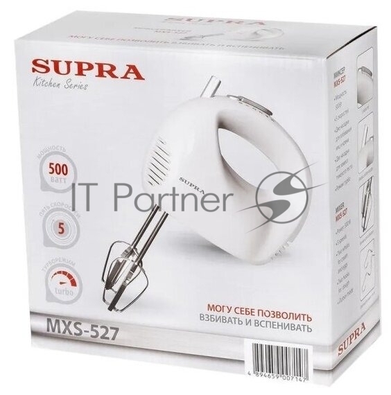 Миксер SUPRA MXS-527 500 Вт.Режим Турбо. 5 скоростей. Две насадки: для взбивания яиц и крема и для замеса тяжелого теста. белый.