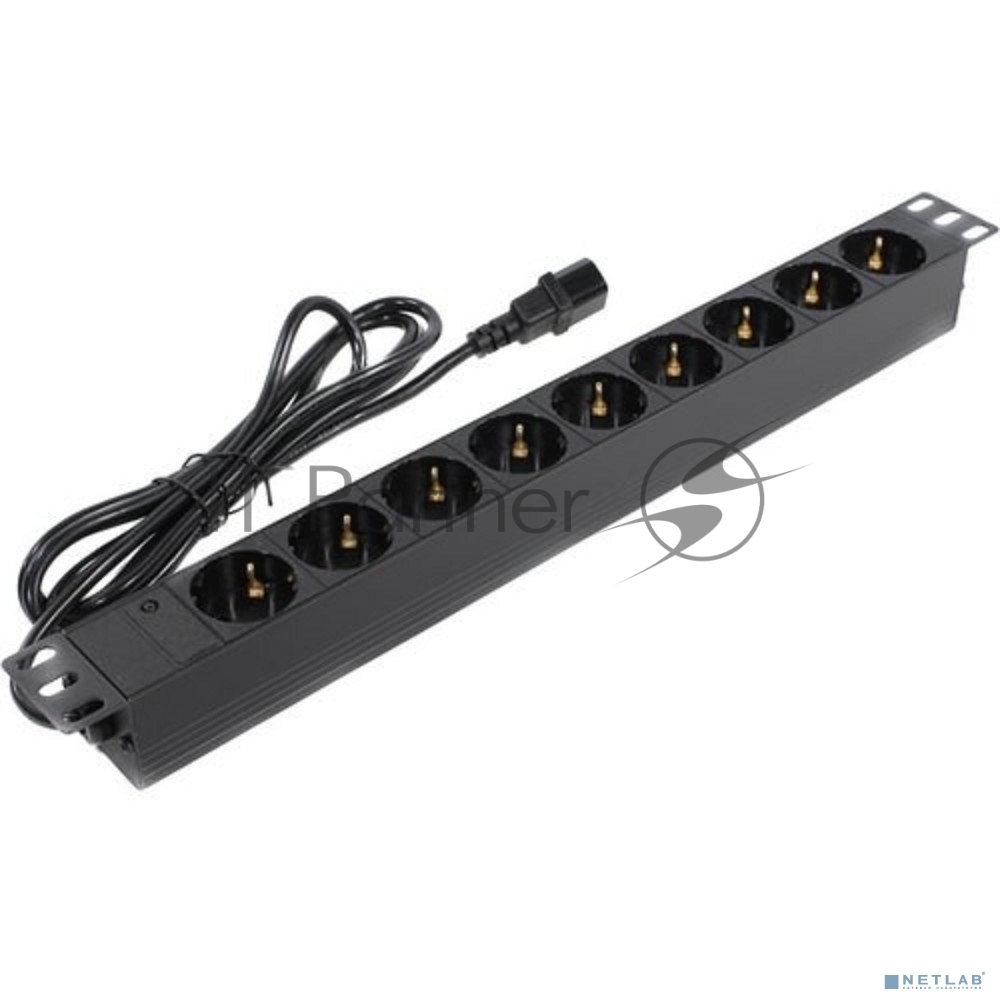 Блок розеток горизонтальный ExeGate ServerPro PDU-19H906 Al-9S-C14-2.5, 19", 1U, Алюминий, 9 Schuko, кабель с вилкой C14 VDE-250V-10A-3*1.5мм2, 2.5 метра, черный