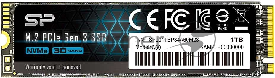 Накопитель SSD Silicon Power P34A60, 1Tb, PCIe 3.0 x4, M.2 2280, NVMe, R/W 2200/1600