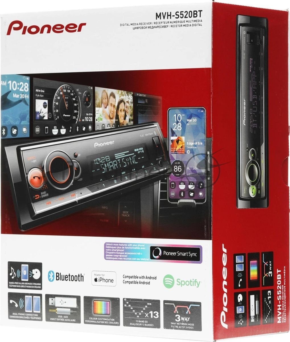 Автомагнитола Pioneer MVH-S520BT, 1 DIN, Bluetooth, USB Type-A, AUX, пульт ДУ, съёмная панель