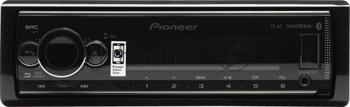 Автомагнитола Pioneer MVH-S520BT, 1 DIN, Bluetooth, USB Type-A, AUX, пульт ДУ, съёмная панель