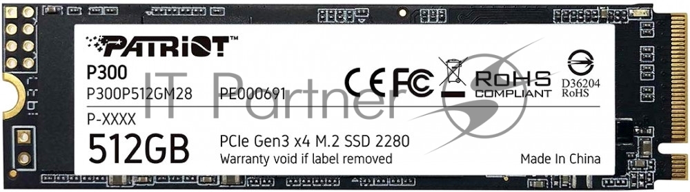 Накопитель SSD Patriot P300, 512Gb, PCIe 3.0 x4, M.2 2280, NVMe, R/W 1700/1200