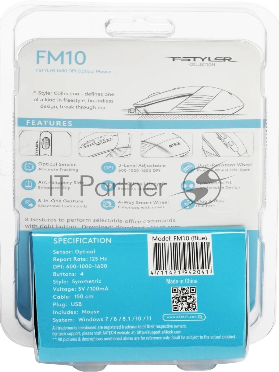 Мышь проводная A4Tech Fstyler FM10 черный/синий, 1600 dpi, USB, кнопки - 4