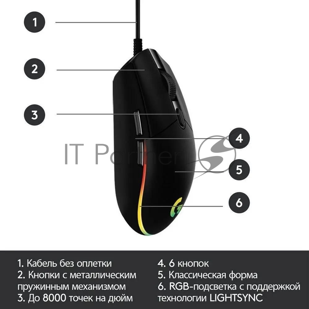 Мышь проводная Logitech G102 LIGHTSYNC черный, 8000 dpi, USB, кнопки - 6