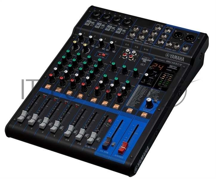 Микшер Yamaha [MG10XUF] аналоговый, 10-канальный: макс. 4 микрофонных / 10 линейных входов (4 моно + 3 стерео) / 1 стереошина / 1 шина AUX, Микрофонные предусилители D-PRE, Фантомное питание +48 В, эффекты: SPX с 24 программами, Интерфейс USB Audio