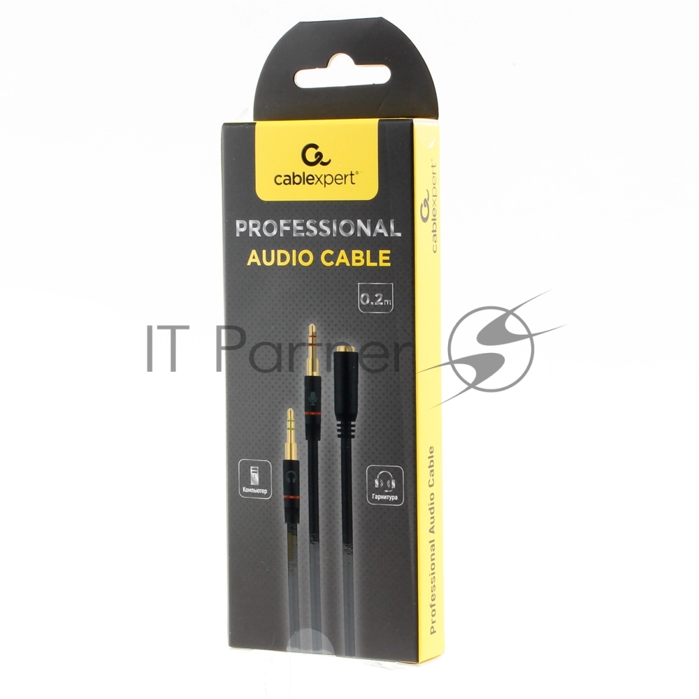 Кабель аудио Cablexpert CCAB-02-35F2M-0.2MB. 3.5 Jack 4pin(F)/2х 3.5 Jack(M) наушники и микрофон, черный, 0.2м, блистер
