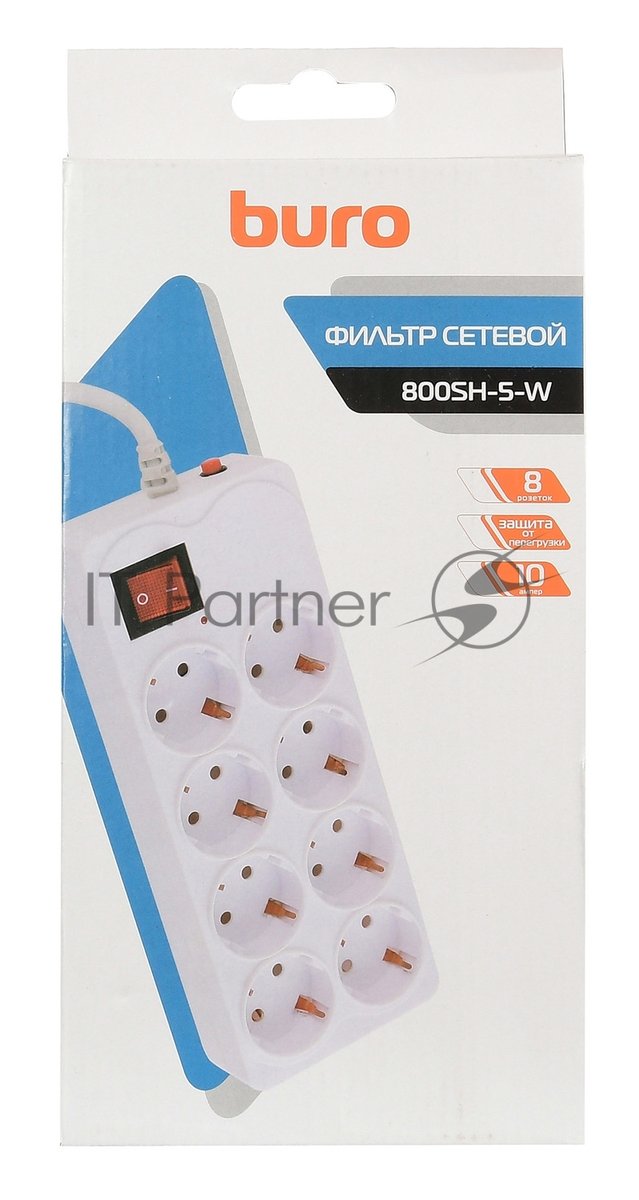 Сетевой фильтр Buro 800SH-5-W 5 м, 8 розеток, белый, коробка