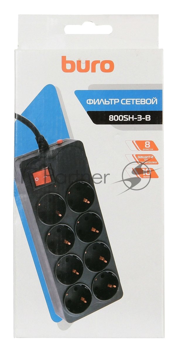 Сетевой фильтр Buro 800SH-3-B 3 м, 8 розеток, черный, коробка