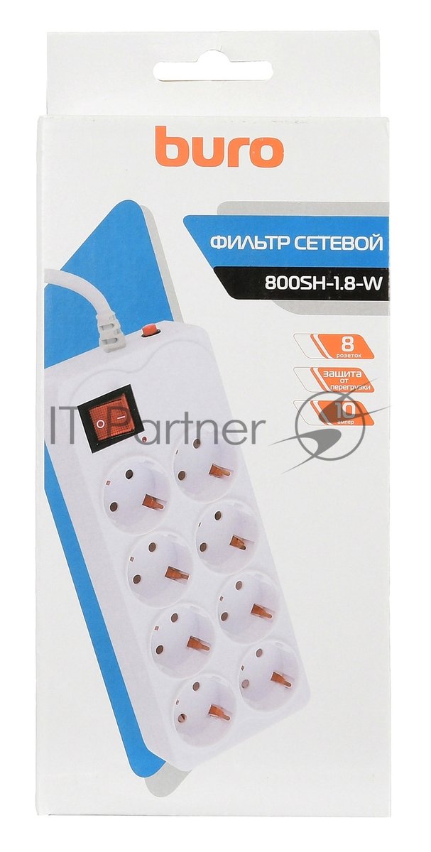 Сетевой фильтр Buro 800SH-1.8-W 1.8 м, 8 розеток, белый, коробка