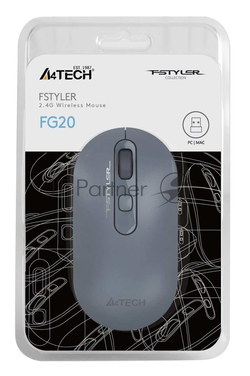 Мышь беспроводная A4Tech Fstyler FG20 пепельный/синий, 2000 dpi, радиоканал, USB, кнопки - 4