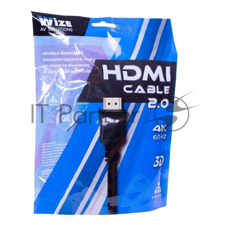 Кабель HDMI C-HM-HM-5M Wize, 5 м, v.2.0, 19M/19M, позол.разъемы, экран, черный, пакет