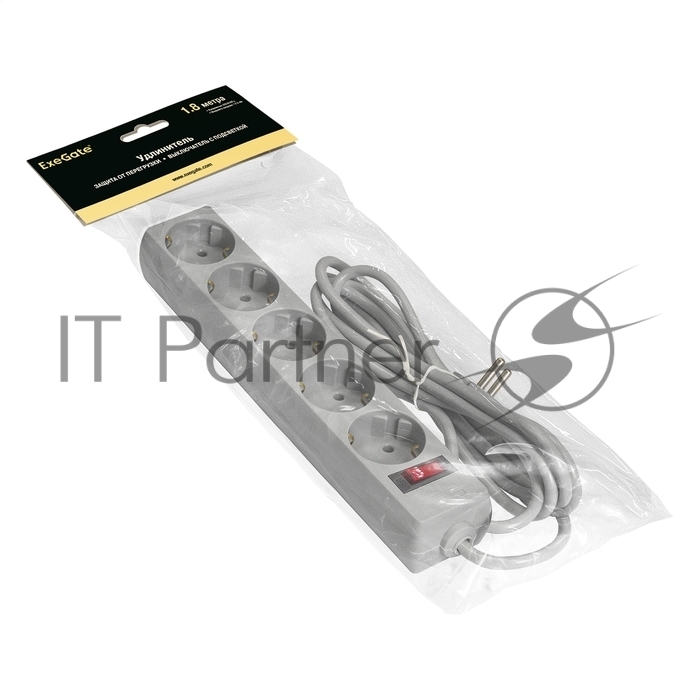 Exegate EX285798RUS Удлинитель ExeGate EC-5-1.8G (5 евророзетки с заземлением, 1.8м, защита от перегрузки, выключатель с подсветкой, серый)