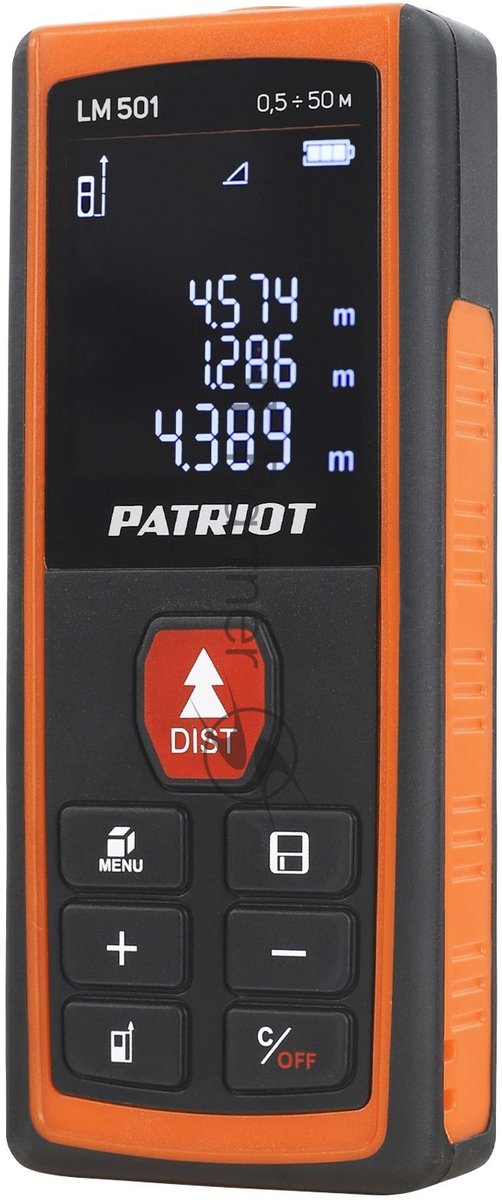 Дальномер лазерный PATRIOT LM 501, макс. дистанция 50 метров, измерение площади, объема, подсветка, память 30 изм., чехол в комплекте