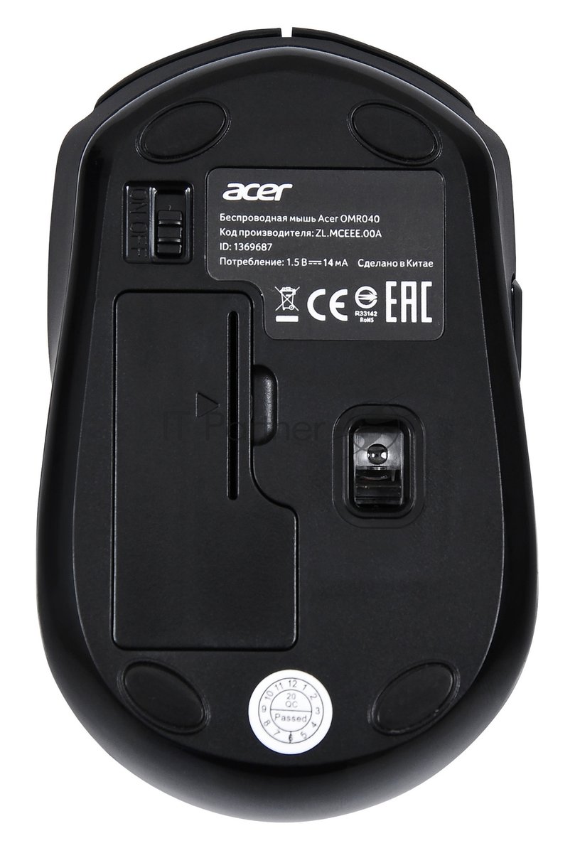 Мышь беспроводная Acer OMR040 черный, 1600 dpi, радиоканал, USB, кнопки - 6