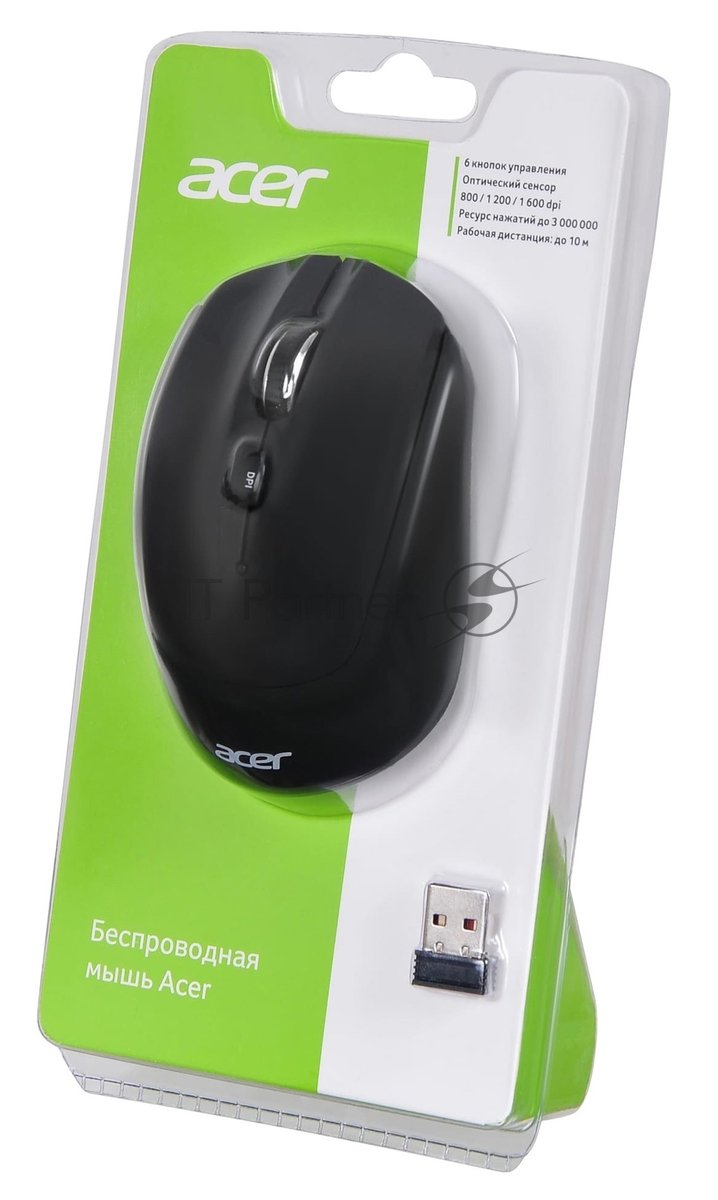 Мышь беспроводная Acer OMR040 черный, 1600 dpi, радиоканал, USB, кнопки - 6