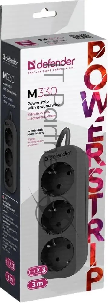 Удлинитель cетевой Defender M330 черный, 3 м, EURO, 3 розетки, 2200 Вт