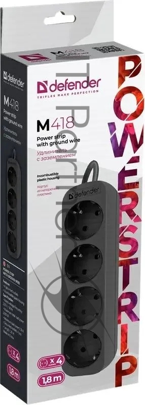 Удлинитель Defender M418 черный, 1.8 м, EURO, 4 розетки, 2200 Вт