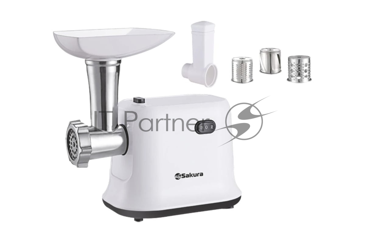 Мясорубка электрическая Sakura SA-6420SW белый, 1500 Вт, 1.4 кг/мин, реверс, защита от перегрузки, насадки - 4