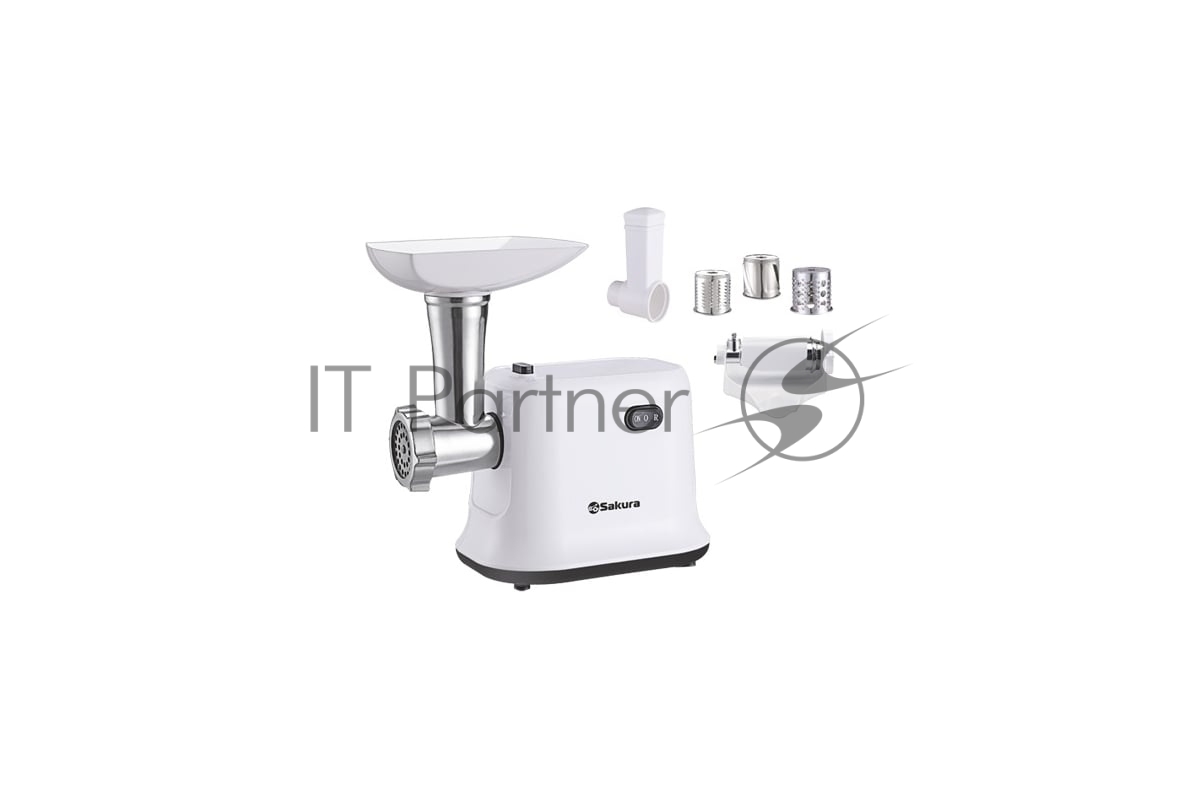 Мясорубка электрическая Sakura SA-6420STW белый, 1500 Вт, 1.4 кг/мин, реверс, защита от перегрузки, насадки - 4
