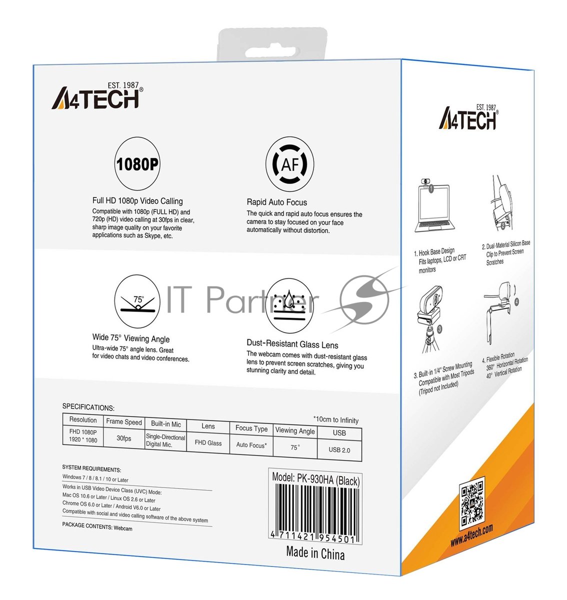Веб-камера A4Tech PK-930HA 1920x1080, 30 кадр/с, USB Type-A, микрофон, автоматическая фокусировка, универсальное крепление
