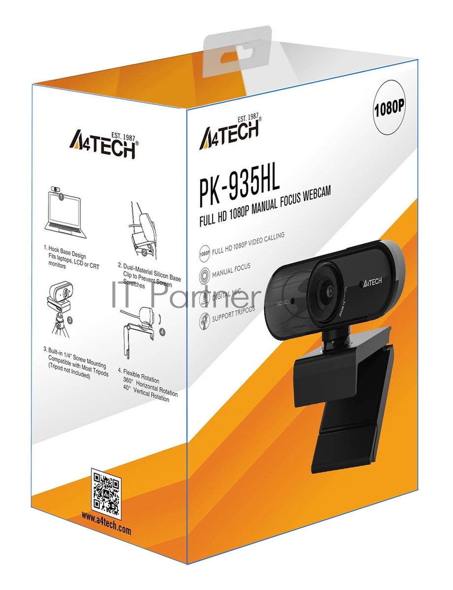 Веб-камера A4Tech PK-935HL 1920x1080, 30 кадр/с, USB Type-A, микрофон, ручная фокусировка, универсальное крепление