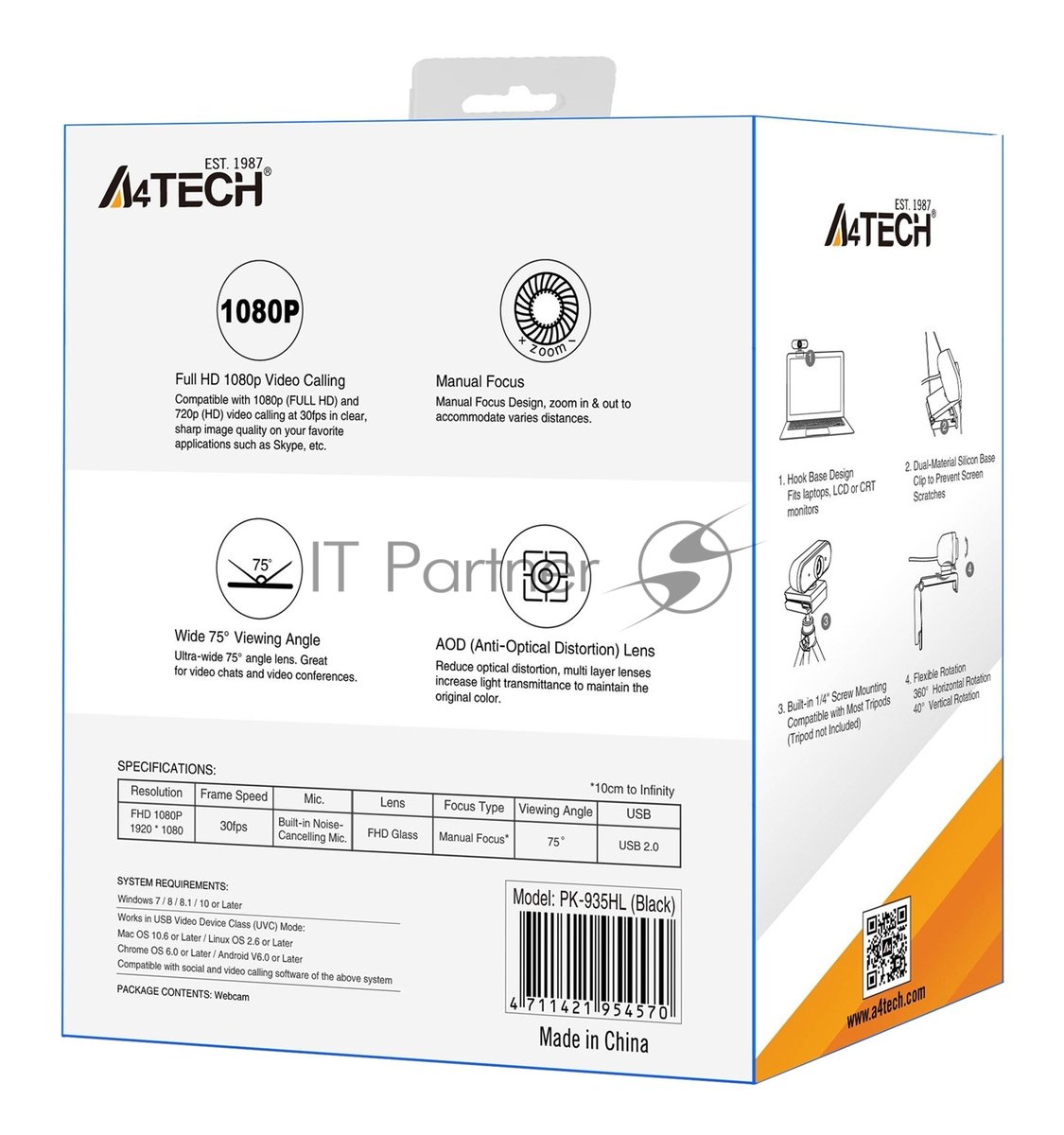 Веб-камера A4Tech PK-935HL 1920x1080, 30 кадр/с, USB Type-A, микрофон, ручная фокусировка, универсальное крепление