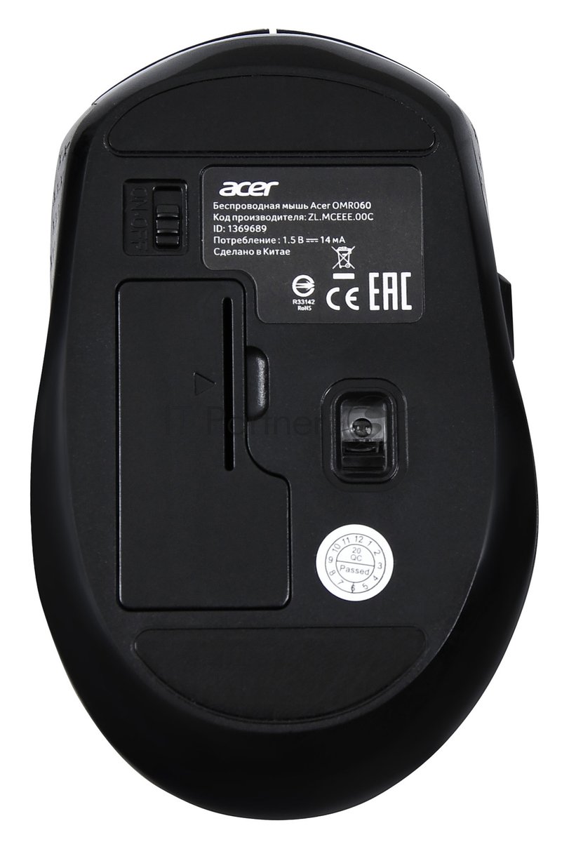 Мышь беспроводная Acer OMR060 черный, 1600 dpi, радиоканал, USB, кнопки - 6