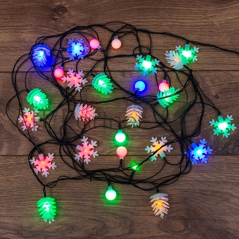 Гирлянда светодиодная Neon-night универсальная с насадками (шарики, снежинки, елочки) 30 LED МУЛЬТИКОЛОР, 4,4 метра с контроллером