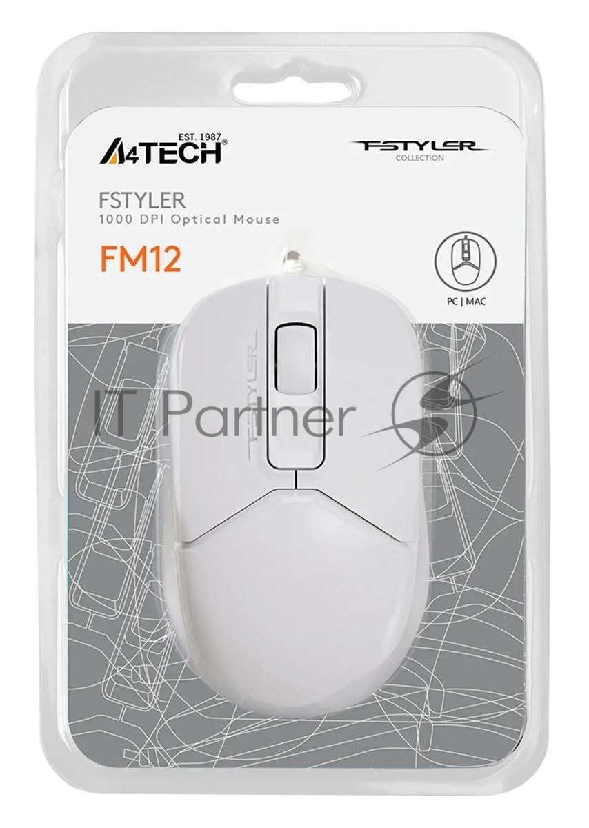 Мышь проводная A4Tech Fstyler FM12 белый, 1000 dpi, USB Type-A, кнопки - 3