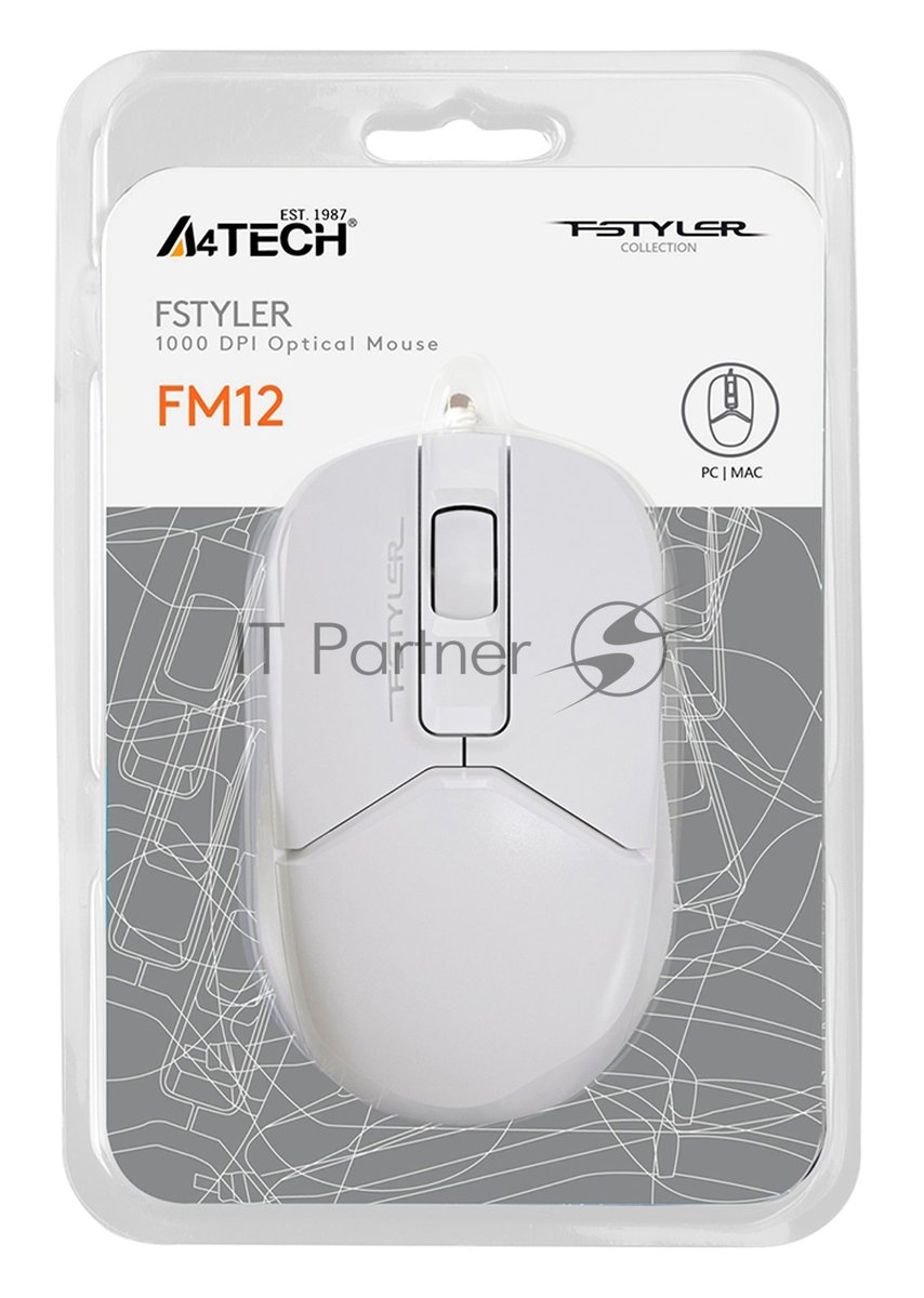 Мышь проводная A4Tech Fstyler FM12 белый, 1000 dpi, USB Type-A, кнопки - 3