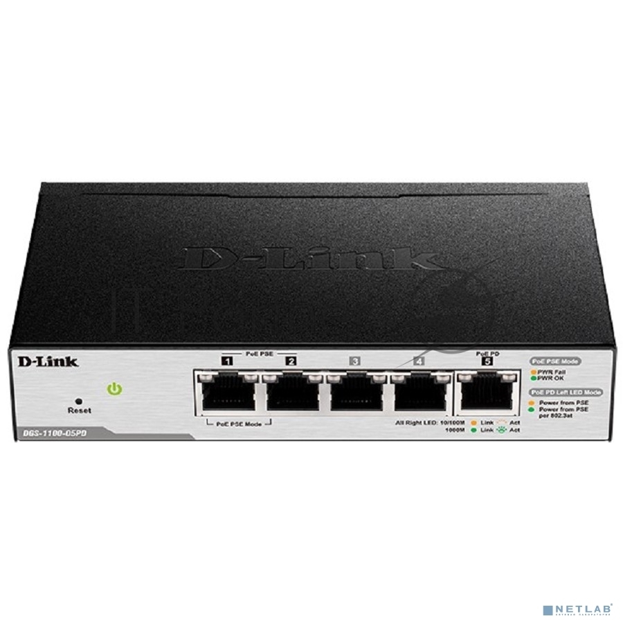 Коммутатор D-Link DGS-1100-05PDV2/A1A, 4×1 Гбит/с + 1×1 Гбит/с PD, настраиваемый