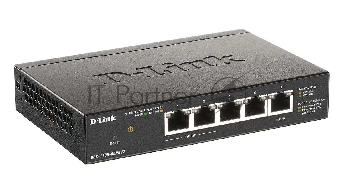 Коммутатор D-Link DGS-1100-05PDV2/A1A, 4×1 Гбит/с + 1×1 Гбит/с PD, настраиваемый
