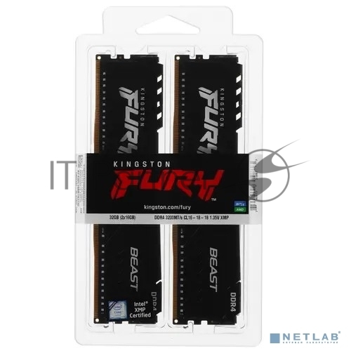 Оперативная память Kingston Fury Beast, DDR4, 32GB (2x16GB), 3200MHz, CL16, DIMM, с радиатором, черный