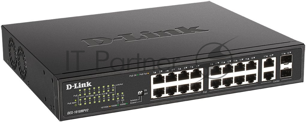 Коммутатор D-Link DES-1018MPV2, 16×100 Мбит/с + 2×1 Гбит/с Combo, неуправляемый