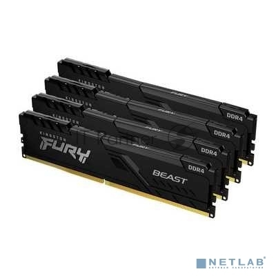 Оперативная память Kingston Fury Beast, DDR4, 64GB (4x16GB), 3200MHz, CL16, DIMM, радиатор, черный