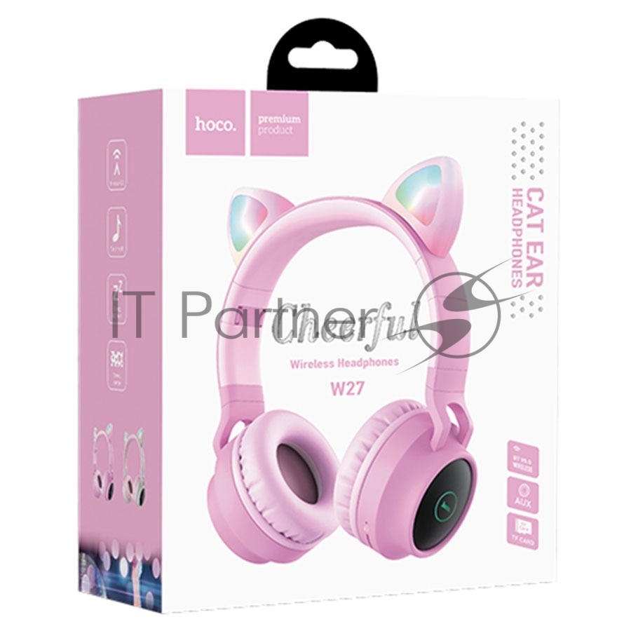 Беспроводные/проводные наушники Hoco W27 розовый, накладные, Bluetooth + проводной, "кошачьи ушки", до 5 ч.