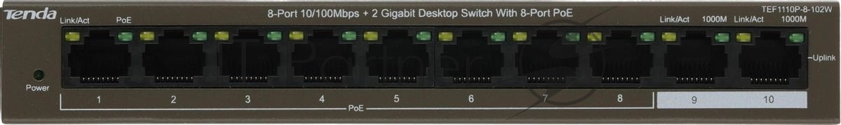 Tenda TEF1110P-8-102W - Коммутатор PoE неуправляемый, 8 портов PoE 10/100 Base-TX + 2 порта 10/100/1000 Base-TX, грозозащита порта 6 кВ, бюджет PoE 99Вт и 30 Вт (на порт)