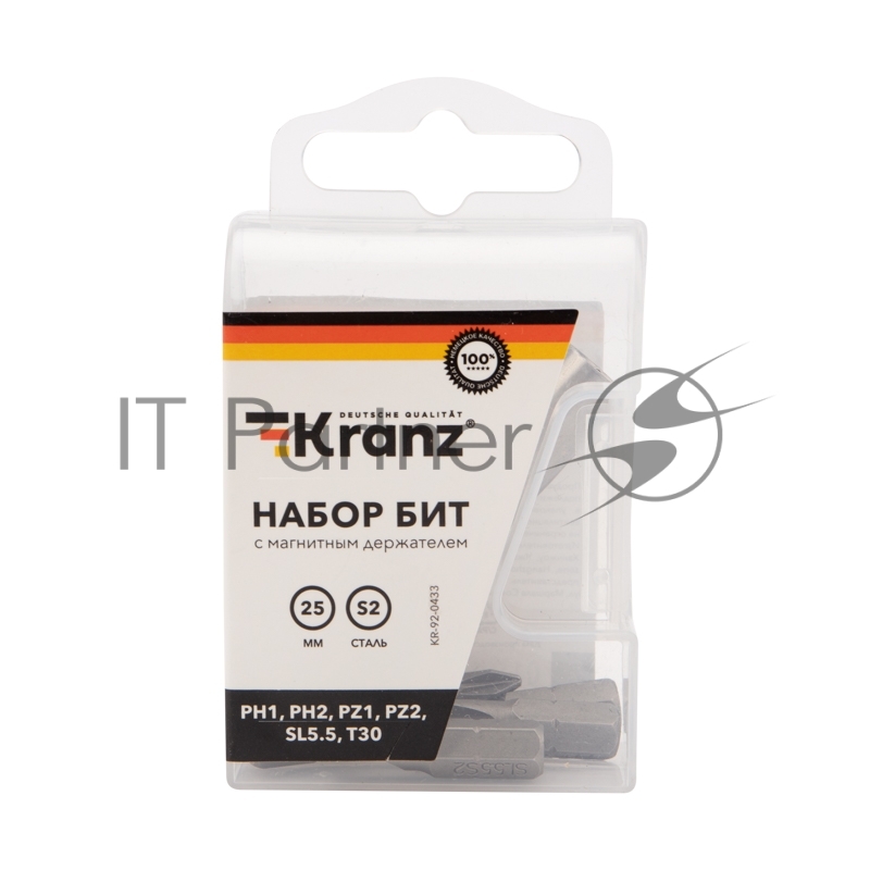 Набор бит Kranz 25 мм PH1, PH2, PZ1, PZ2, SL5.5, T30 с магнитным держателем (7 шт./уп.)